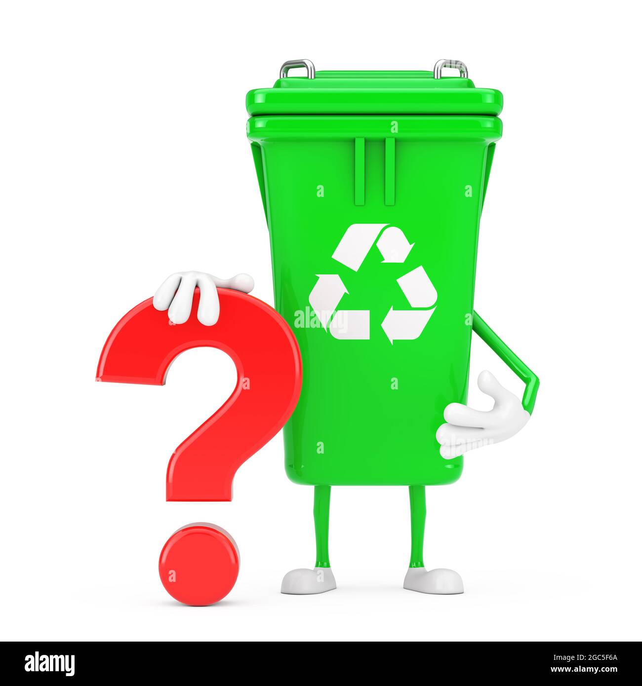 Affiche de recyclage poubelle verte Mascotte de personnage avec point  d'interrogation rouge sur fond blanc. Rendu 3d Photo Stock - Alamy