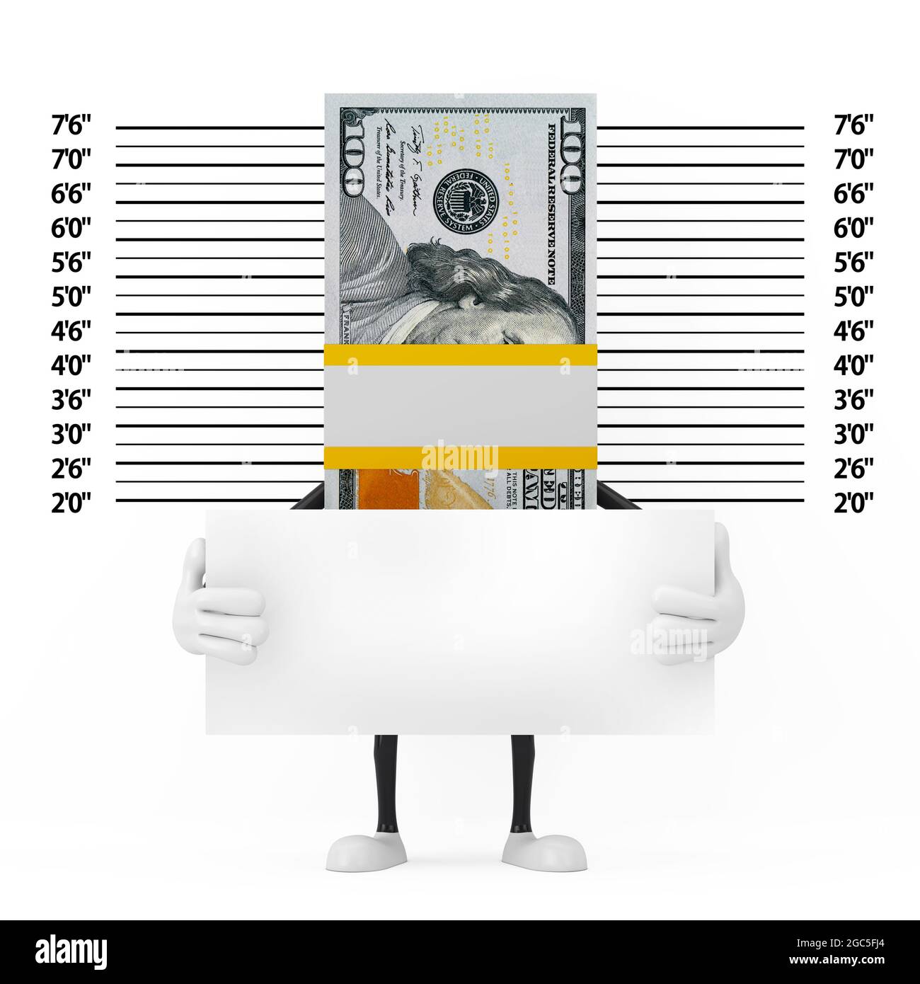 Pile de la mascotte de personnage de cent dollars Bills avec plaque d'identification devant la police de la ligne ou de l'arrière-plan de Mugshot Extreme gros plan. 3 Banque D'Images