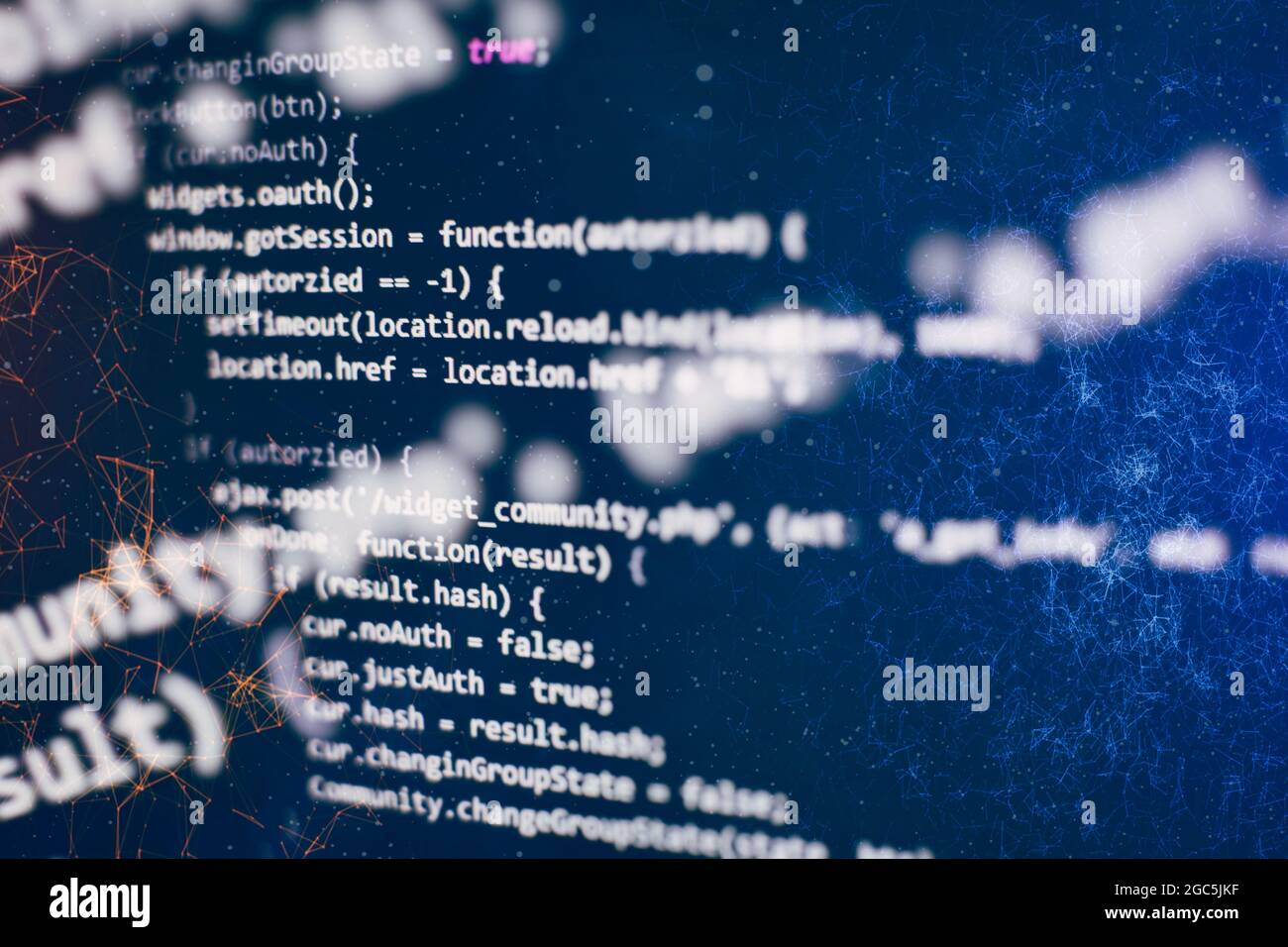 Code de script informatique abstrait. Écran de code de programmation du développeur de logiciel. Temps de travail de programmation logicielle. Texte de code écrit et créé entièrement b Banque D'Images
