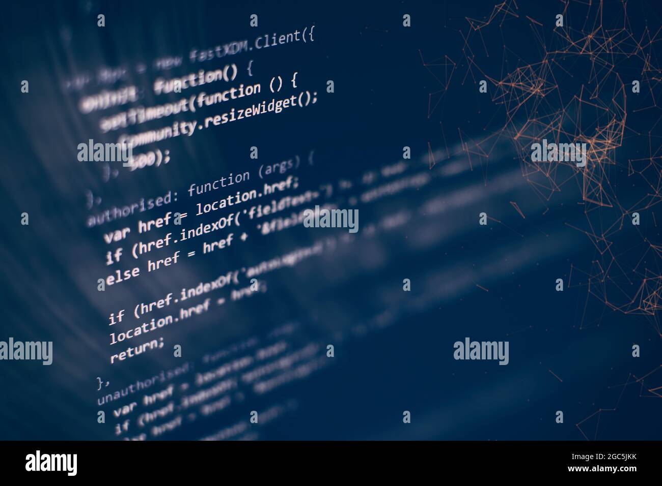 Code de script informatique abstrait. Écran de code de programmation du développeur de logiciel. Temps de travail de programmation logicielle. Texte de code écrit et créé entièrement b Banque D'Images