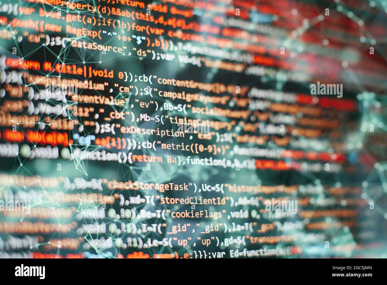 Code de script informatique abstrait. Écran de code de programmation du développeur de logiciel. Temps de travail de programmation logicielle. Texte de code écrit et créé entièrement b Banque D'Images