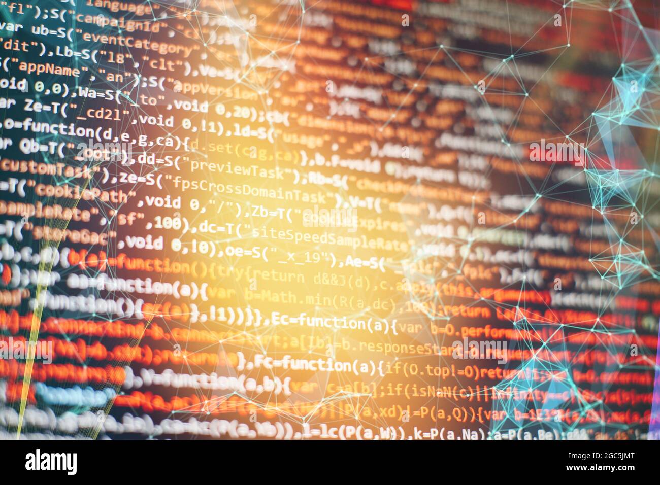 Code de script informatique abstrait. Écran de code de programmation du développeur de logiciel. Temps de travail de programmation logicielle. Texte de code écrit et créé entièrement b Banque D'Images