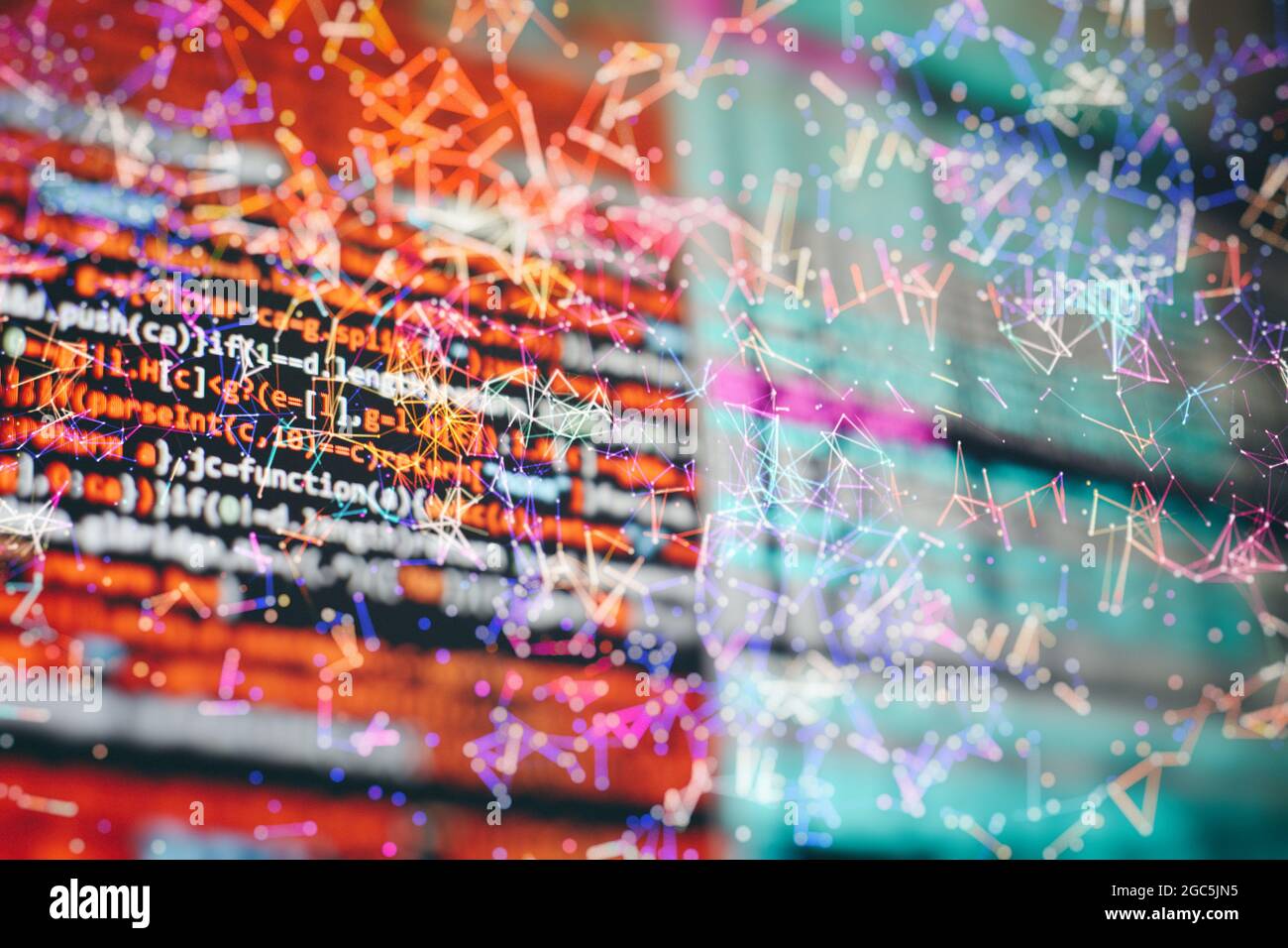 Code de script informatique abstrait. Écran de code de programmation du développeur de logiciel. Temps de travail de programmation logicielle. Texte de code écrit et créé entièrement b Banque D'Images