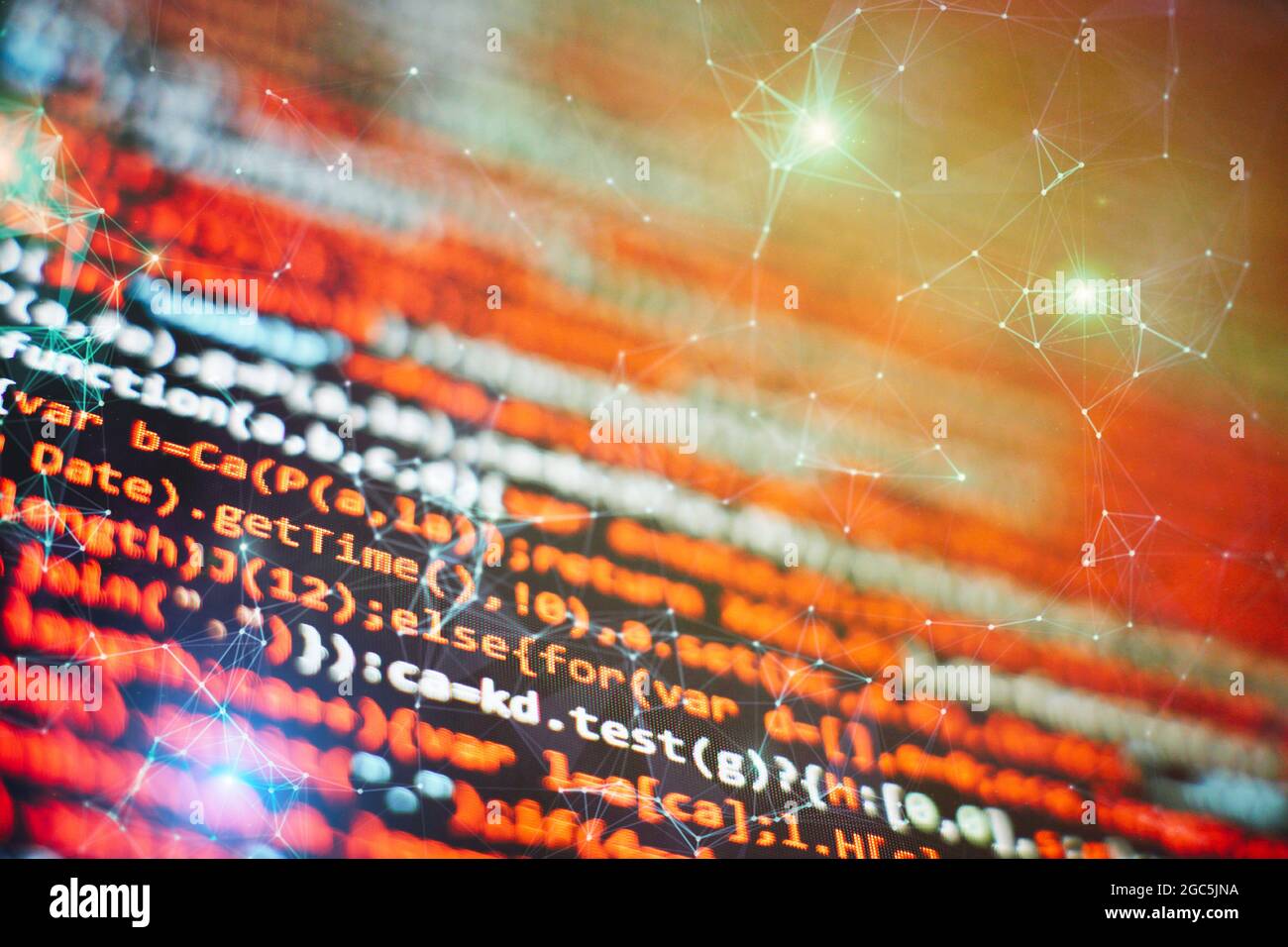 Code de script informatique abstrait. Écran de code de programmation du développeur de logiciel. Temps de travail de programmation logicielle. Texte de code écrit et créé entièrement b Banque D'Images