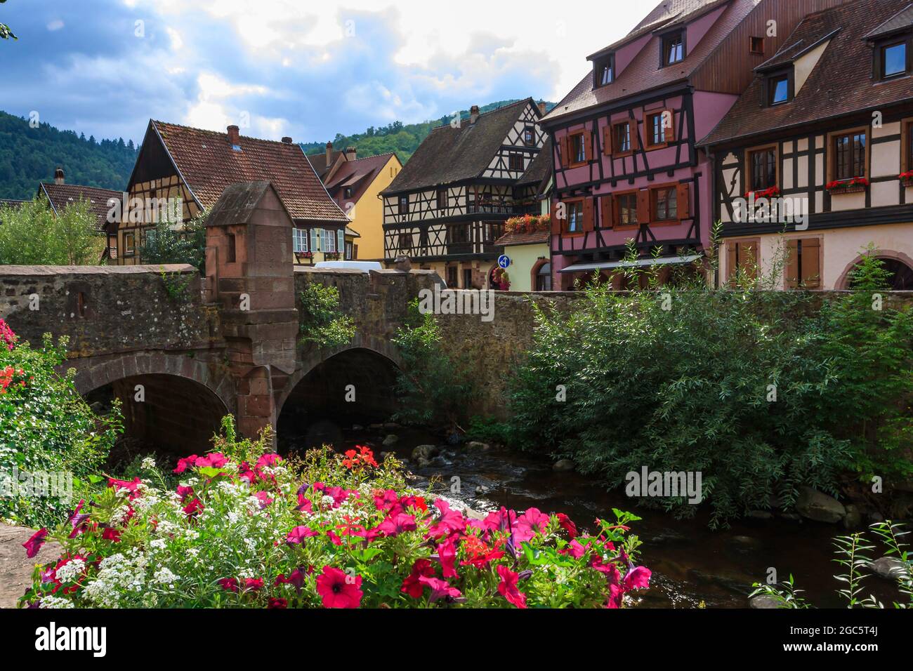 Vue sur le village de Kaysersberg en Alsace en été Banque D'Images