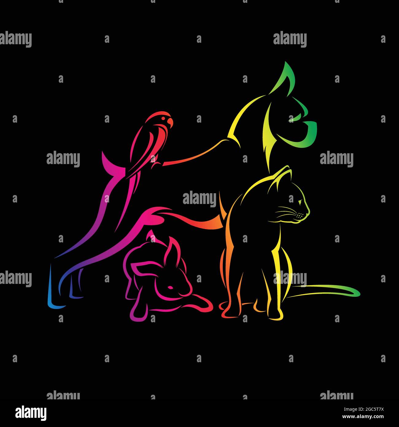 Groupe vectoriel d'animaux de compagnie - chien, chat, oiseau, lapin, isolé sur fond noir. Illustration vectorielle superposée facile à modifier. Animaux. Illustration de Vecteur
