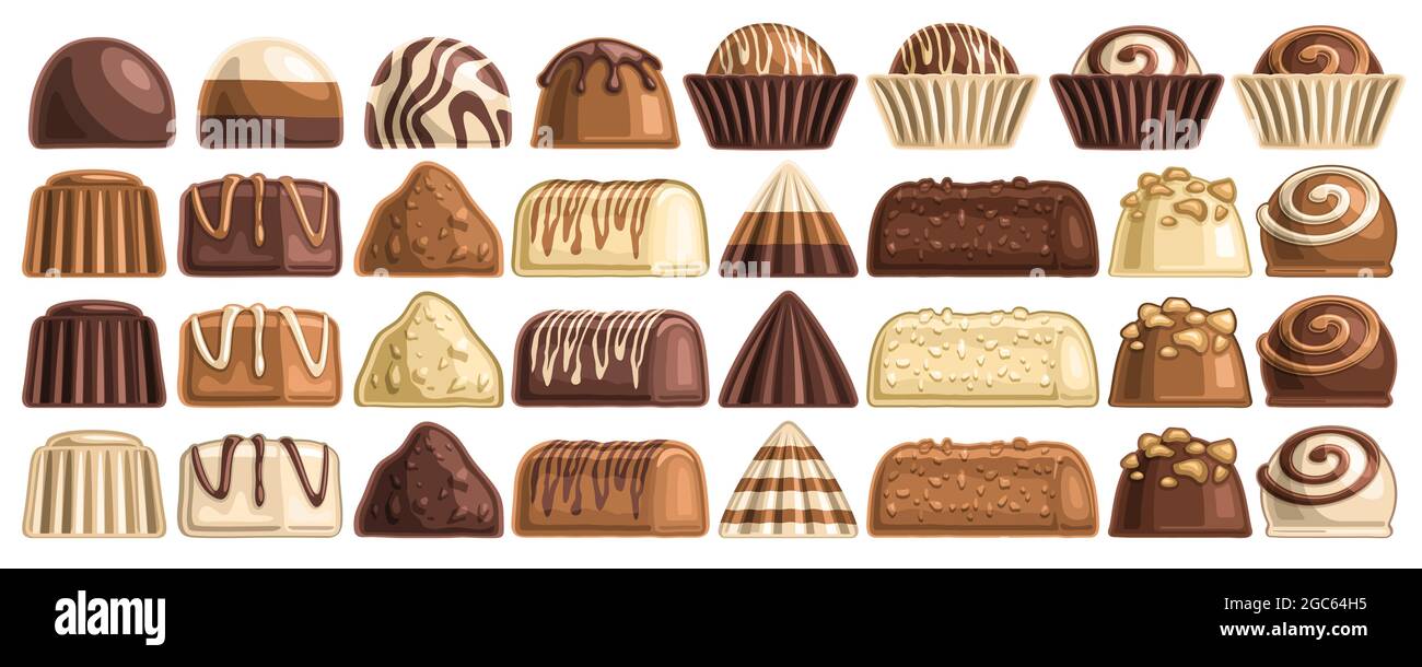 Ensemble vectoriel de bonbons au chocolat, lot d'illustrations coupées de bonbons assortis décorés de jaune et de brun, bannière avec groupe de chocolat Illustration de Vecteur
