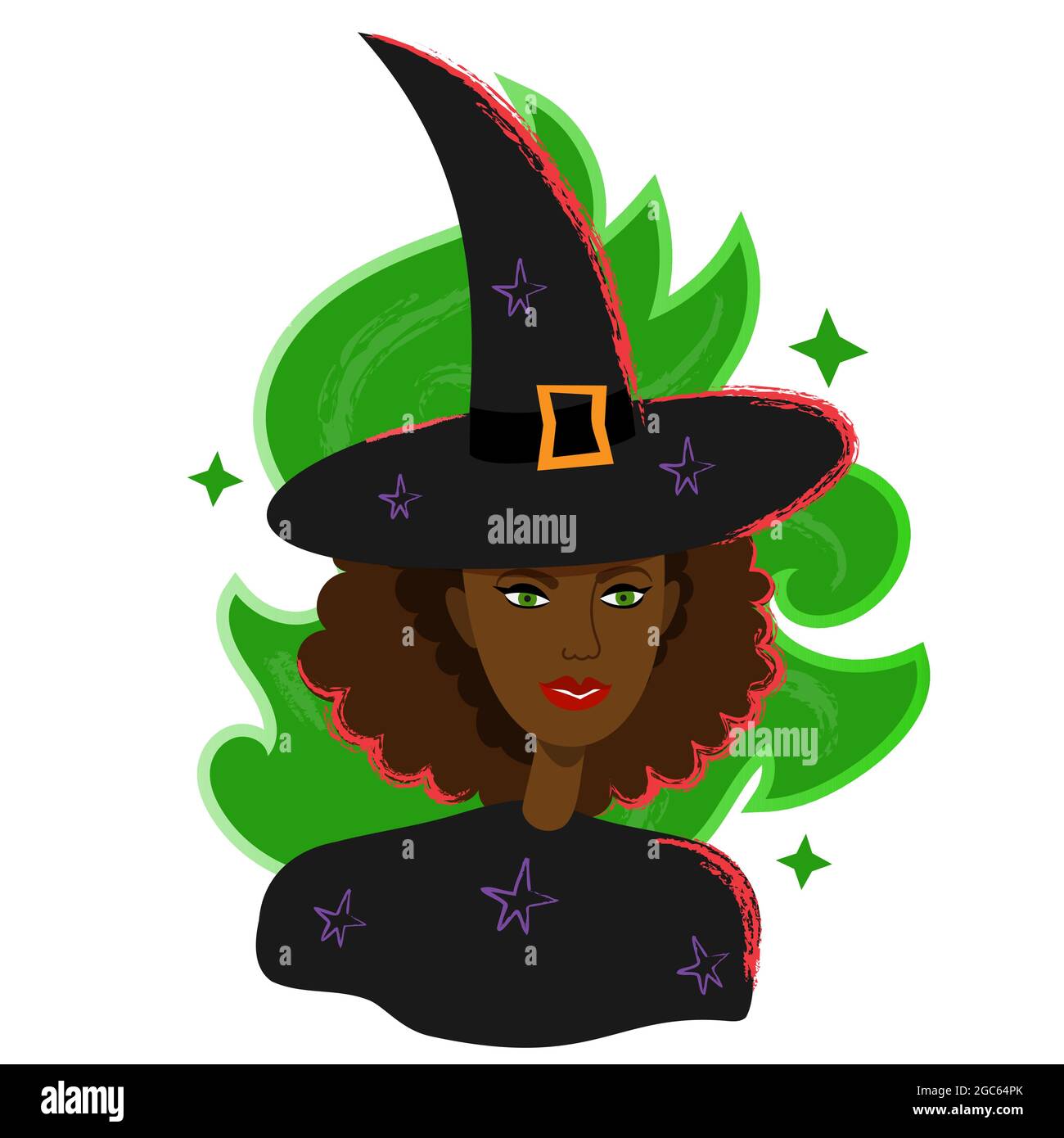 Portrait de sorcière noire en chapeau. Halloween sorcière avatar femelle dans le style de dessin animé plat. Portrait de personnage de peau noir Magican isolé sur blanc Illustration de Vecteur
