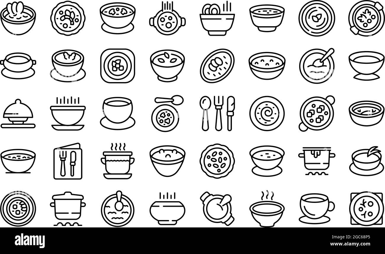 Les icônes de soupe à la crème définissent un vecteur de contour. Soupe de repas. Bol à crème Illustration de Vecteur