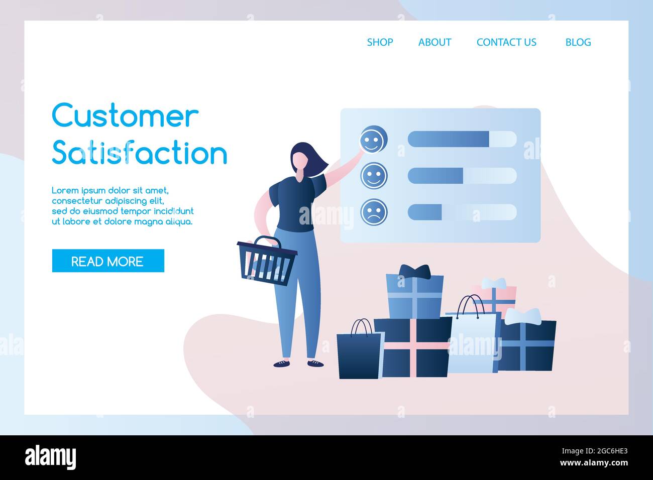 ?ustomer satisfaction page d'arrivée modèle, boutique en ligne avec des sacs d'achats et des cadeaux, personnage féminin dans le style simple tendance, illustration vectorielle Illustration de Vecteur