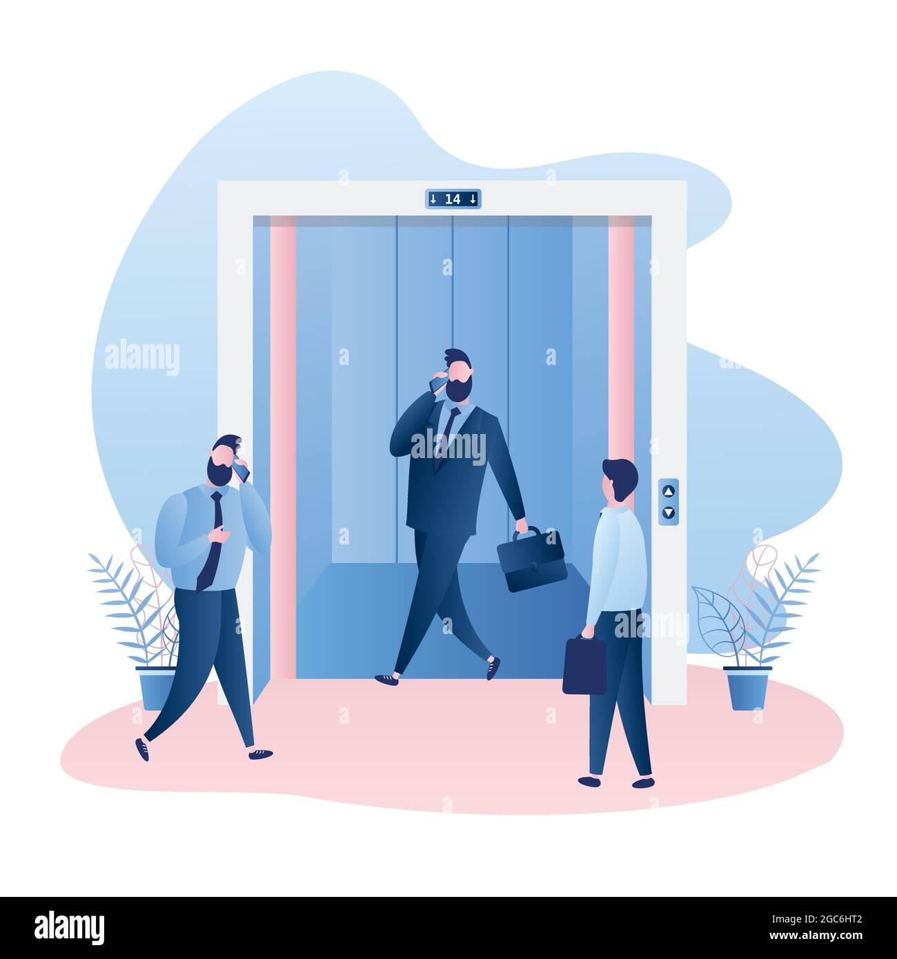 Ascenseur ou ascenseur avec portes ouvertes, différents hommes d'affaires debout et de marche, illustration vectorielle de style tendance Illustration de Vecteur