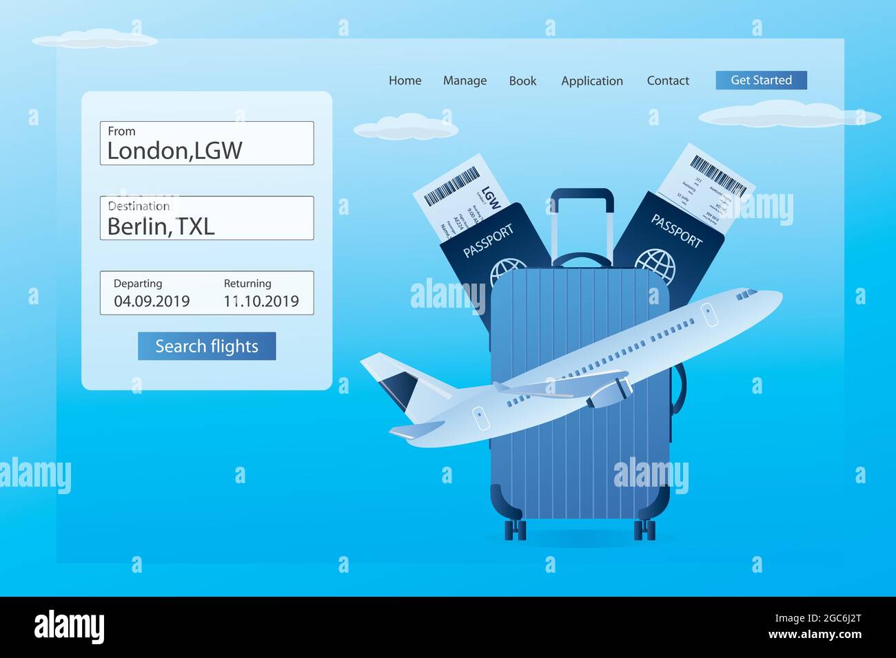Page d'arrivée pour la recherche en ligne et la réservation de billets de voyage, modèle de bannière Web, décollage de la compagnie aérienne blanche, grande valise et passeports avec billets d'embarquement Illustration de Vecteur