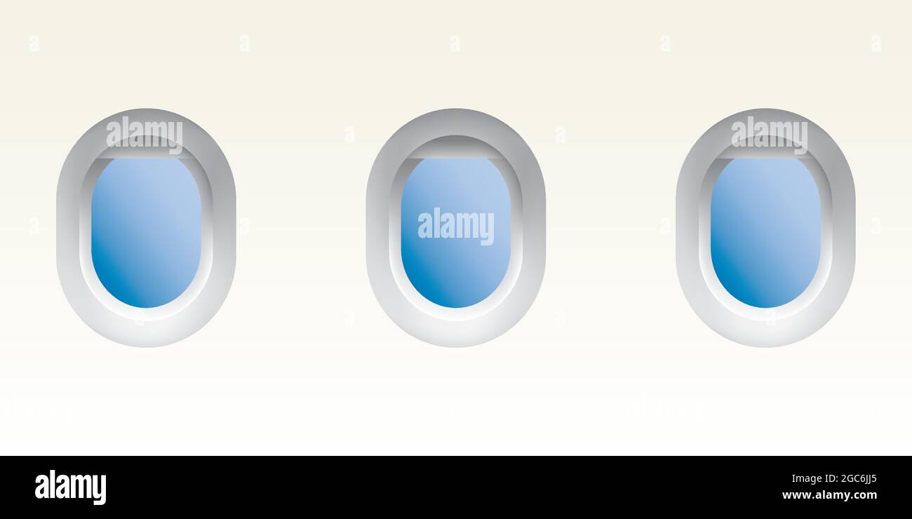Trois hublots réalistes d'avion avec fenêtre ouverte, illustration vectorielle Illustration de Vecteur