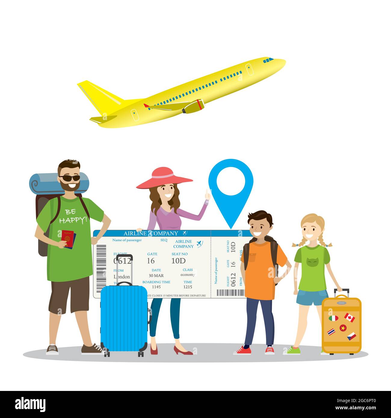 Voyageurs de famille avec bagages et grande carte d'embarquement, drôle de concept de vacances, décollage d'avion jaune, Illustration de Vecteur