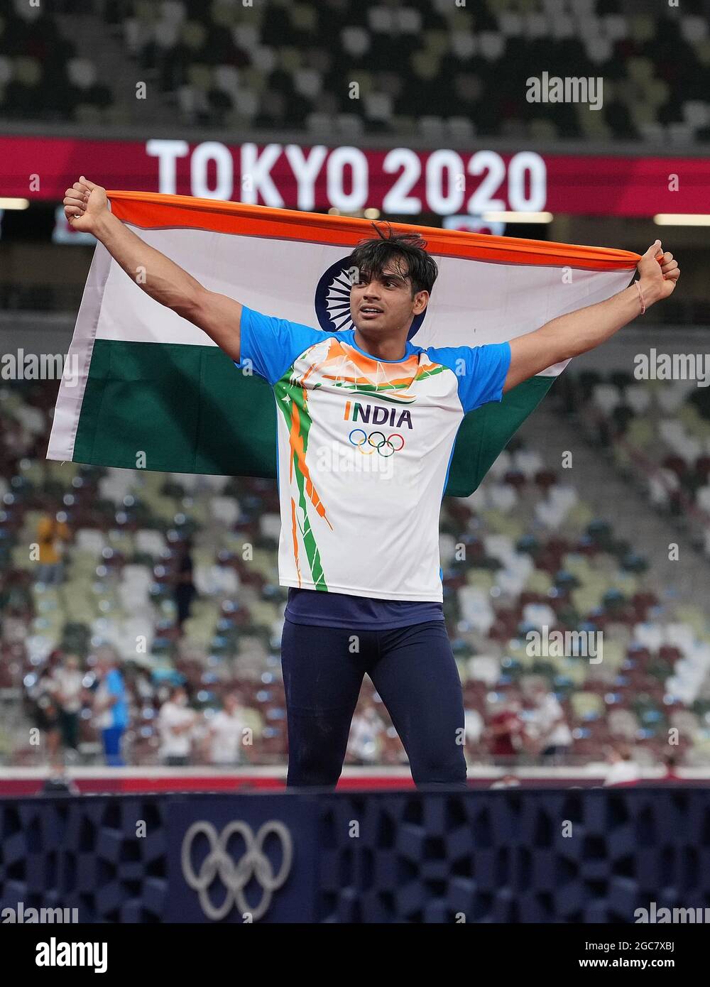 Tokyo, Japon. 7 août 2021. Neeraj Chopra, de l'Inde, célèbre après avoir remporté la finale du jet de javelin masculin aux Jeux Olympiques de Tokyo en 2020, à Tokyo, au Japon, le 7 août 2021. Crédit: Lui Siu Wai/Xinhua/Alay Live News Banque D'Images