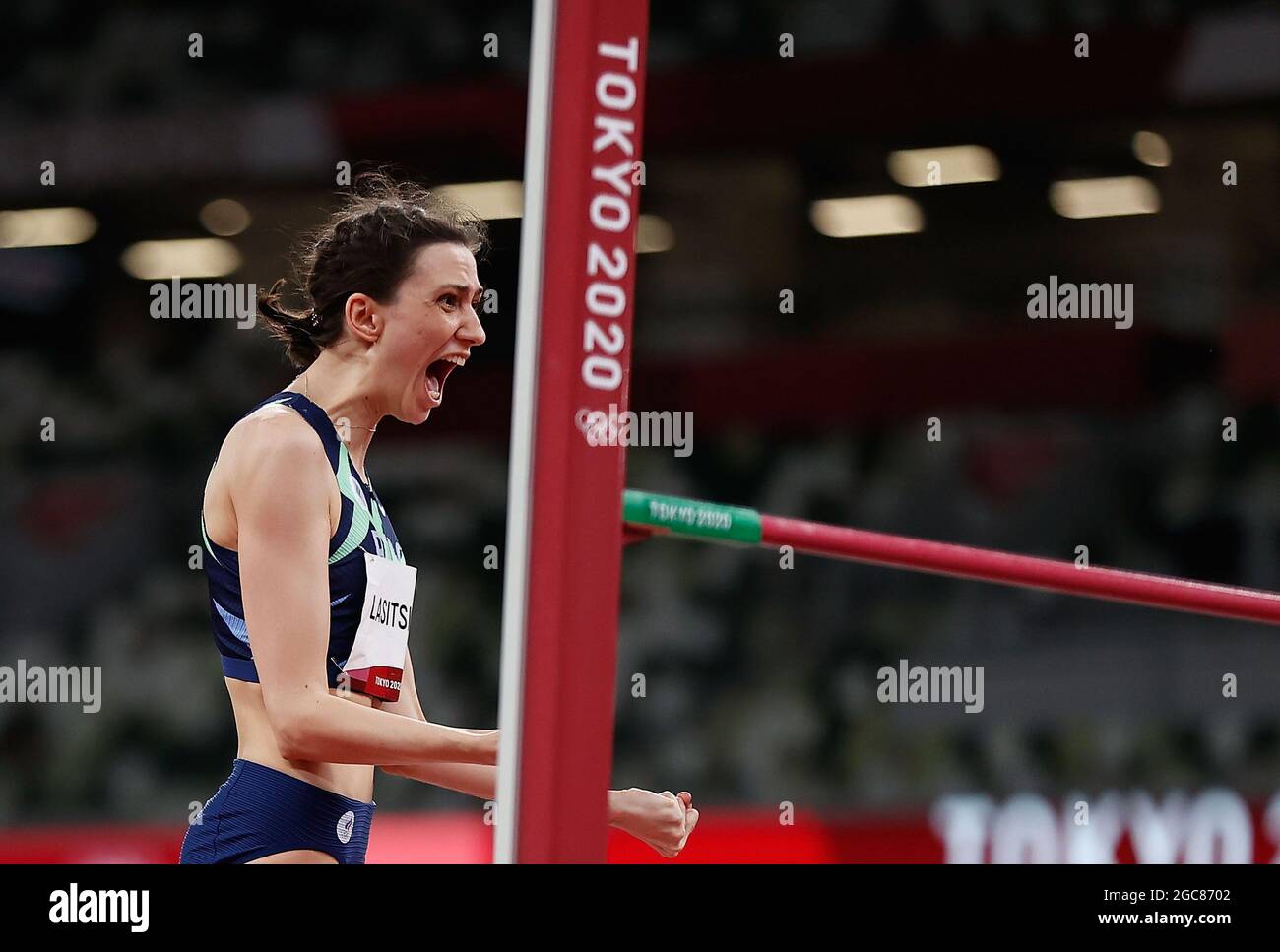 Tokyo, Japon. 7 août 2021. Mariya Lasitskene, du Comité olympique russe (ROC), réagit lors de la finale de saut en hauteur des femmes aux Jeux Olympiques de Tokyo en 2020, à Tokyo, au Japon, le 7 août 2021. Crédit: Wang Lili/Xinhua/Alay Live News Banque D'Images