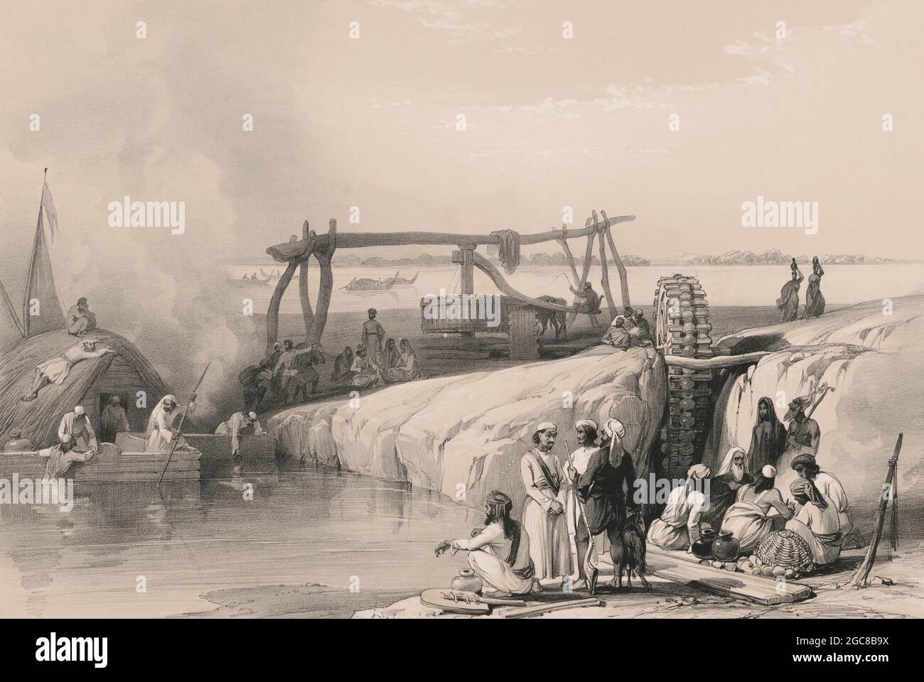 Scène sur la rivière Sutlej, près de Pakpatan dans le Punjaub, maintenant Pakistan, première guerre anglo-afghane, croquis par James Atkinson, 1840, optimisé numériquement Banque D'Images