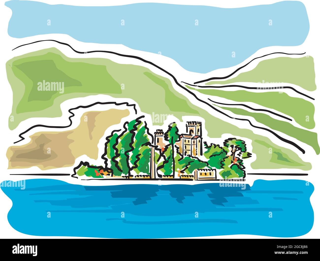 Vue panoramique sur une région du lac de Garde en Italie. Illustration de Vecteur