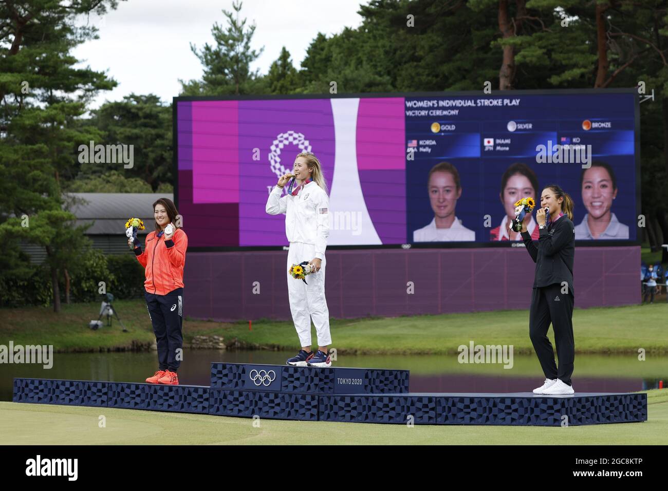 MOne INAMI (JPN) Médaille d'argent, KORDA Nelly (Etats-Unis) Médaille d'or, KO Lydia (NZL) Médaille de bronze aux Jeux Olympiques Tokyo 2020, Golf féminin course individuelle finale de jeu le 7 août 2021 au Kasumigaseki Country Club de Saitama, Japon - photo Yuya Nagase / photo Kishimoto / DPPI Banque D'Images