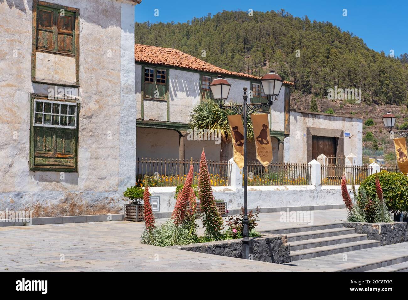 Ancienne maison à l'architecture traditionnelle située dans le village tranquille et la municipalité entourée de montagnes et de forêts de pins à Vilaflor Banque D'Images