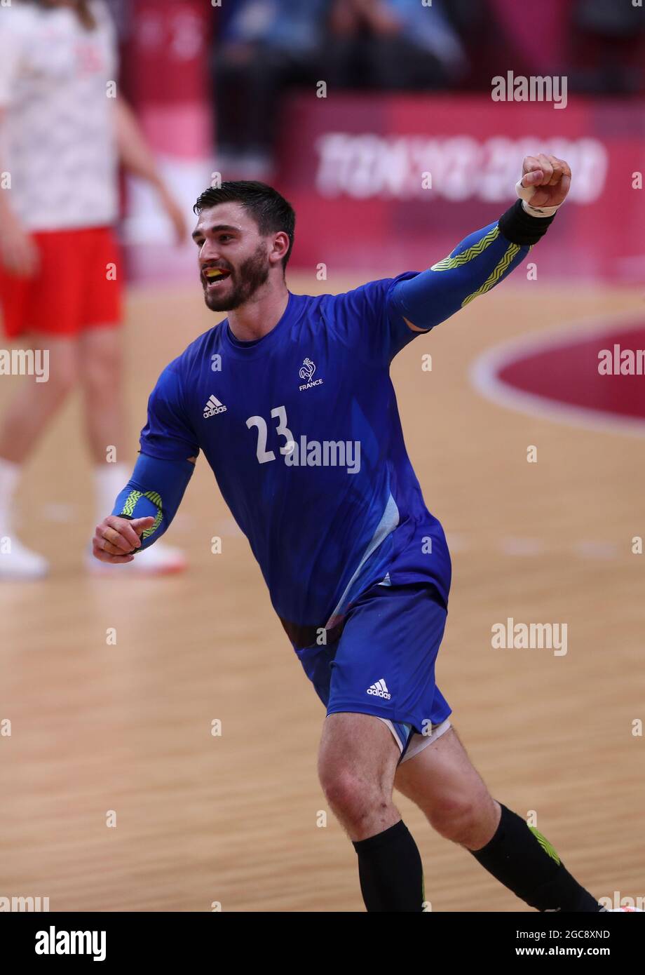 Tokyo, Japon. 7 août 2021. Ludovic Fabregas, de France, célèbre après avoir remporté le match de handball de la Médaille d'Or des hommes entre la France et le Danemark aux Jeux Olympiques de Tokyo 2020 à Tokyo, au Japon, le 7 août 2021. Credit: Du Xiaoyi/Xinhua/Alay Live News Banque D'Images