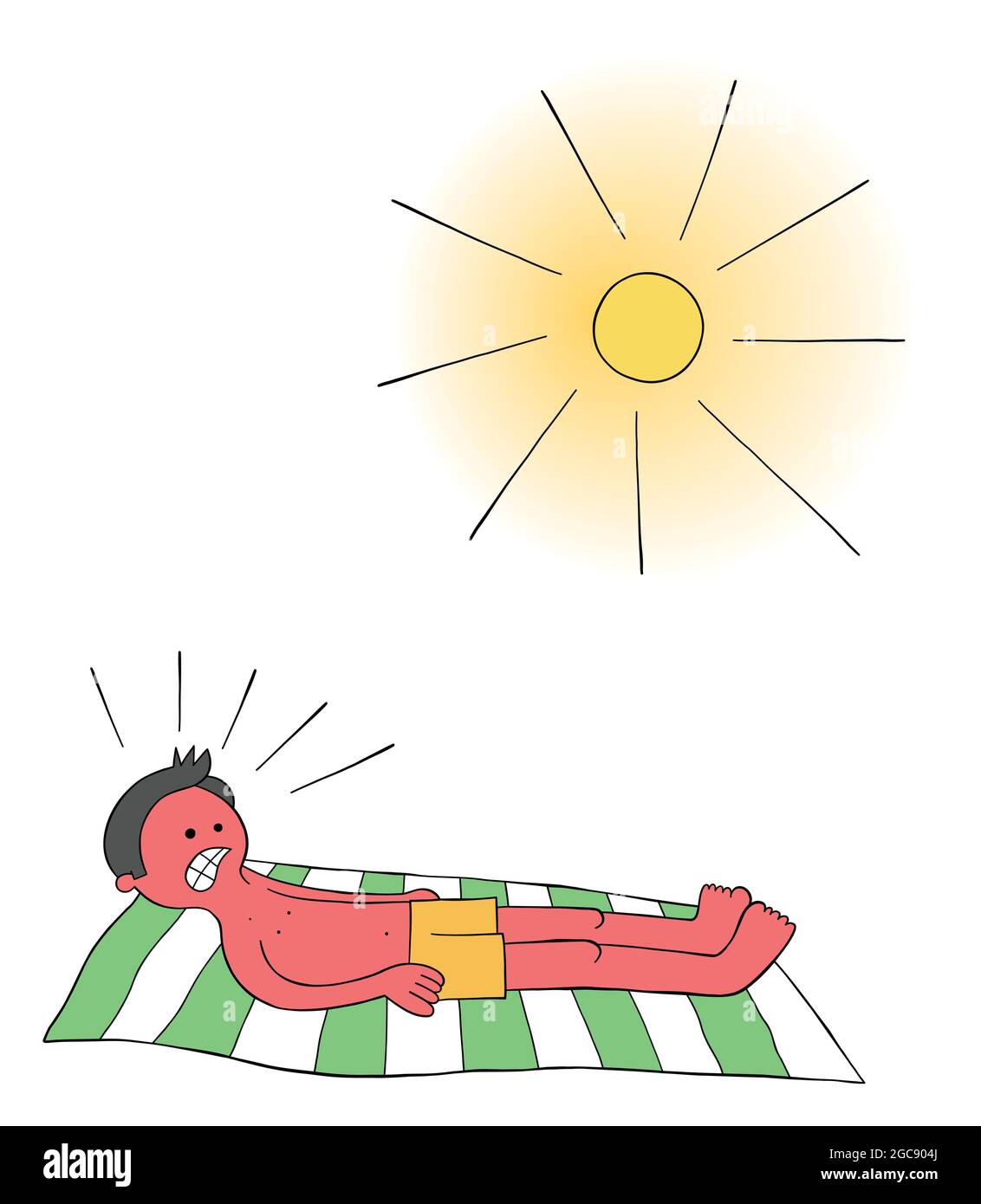 Homme de dessin animé qui prend le soleil sur la plage pendant des heures et quand il se réveille tout son corps est rouge brûlé illustration vectorielle. Contours colorés et noirs. Illustration de Vecteur