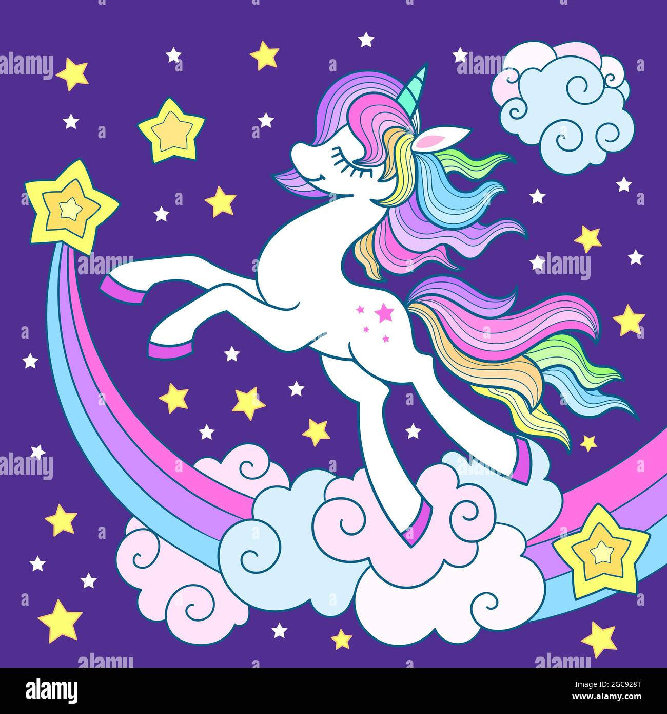 Le joli poney unicorn saute avec les étoiles. Illustration vectorielle pour enfants. Illustration de Vecteur