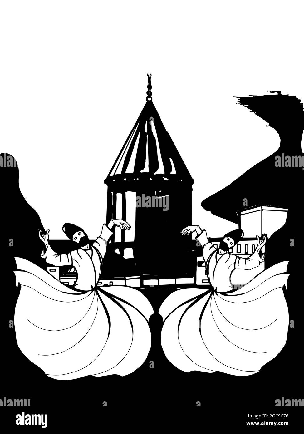 mevlevi semazens whirling illustration dessin vert sanctuaire noir blanc couleurs Banque D'Images