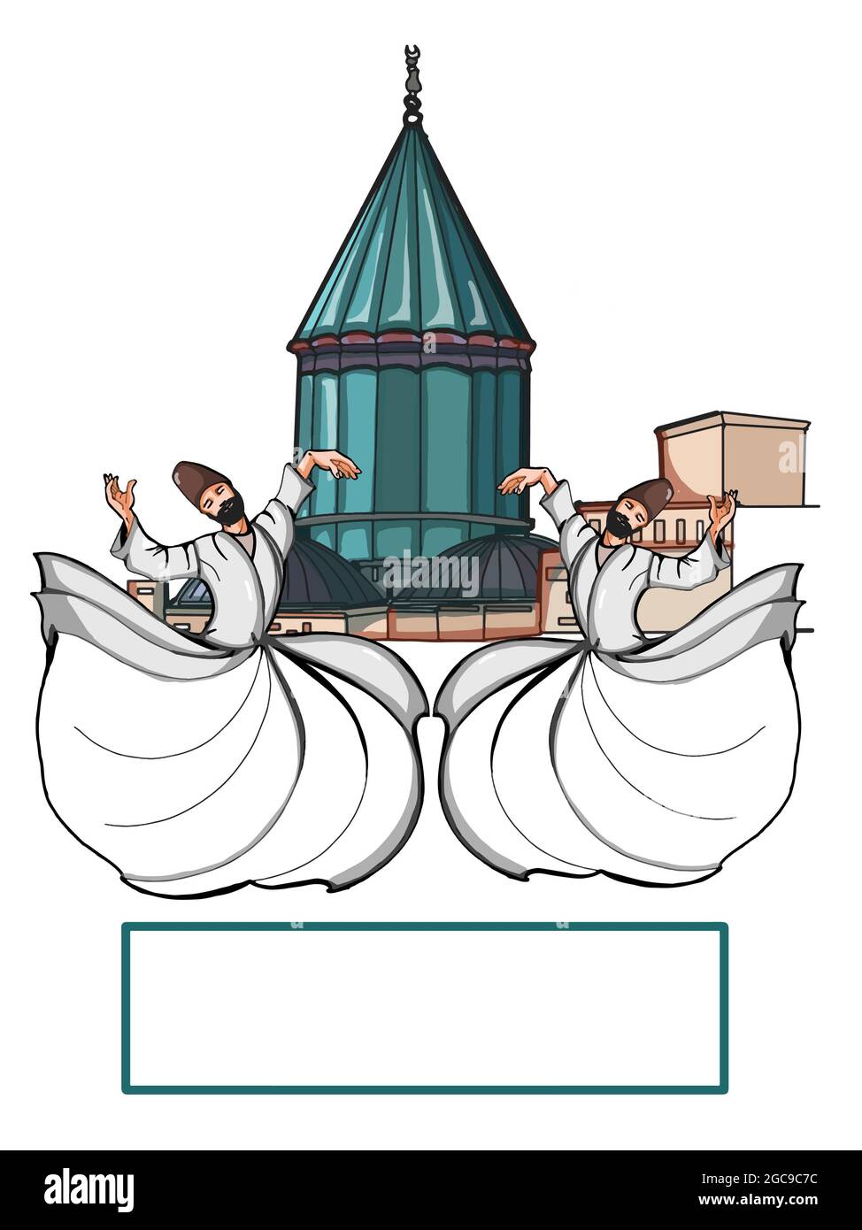 mevlevi semazens hirling illustration représentant le temple vert et la bannière Banque D'Images