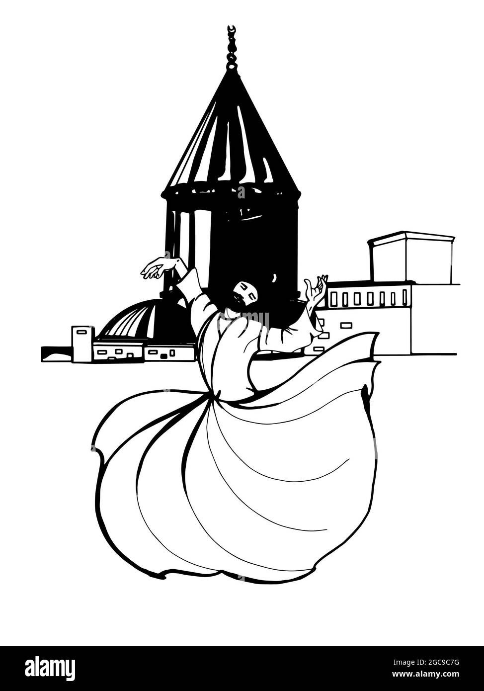 mevlevi semazen whirling dessin d'illustration noir blanc Banque D'Images