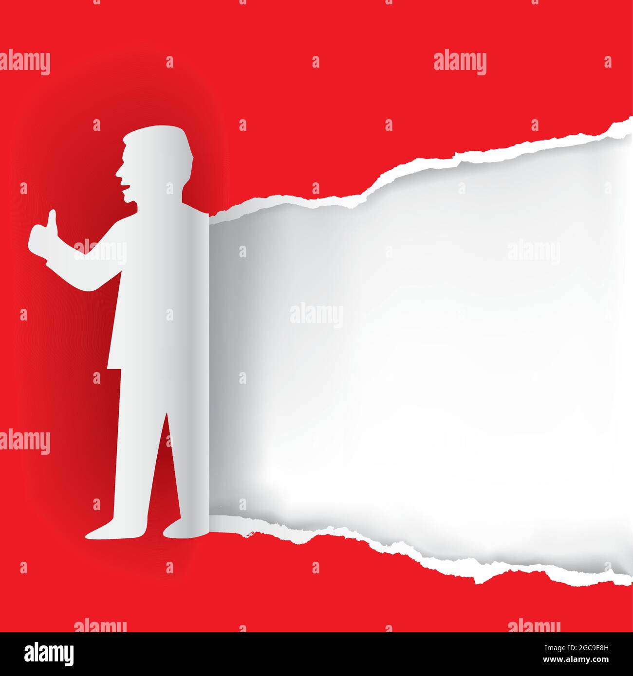 Homme avec le pouce vers le haut, modèle de bannière. Arrière-plan en papier déchiré rouge avec silhouette stylisée d'homme en papier. Vecteur disponible. Illustration de Vecteur