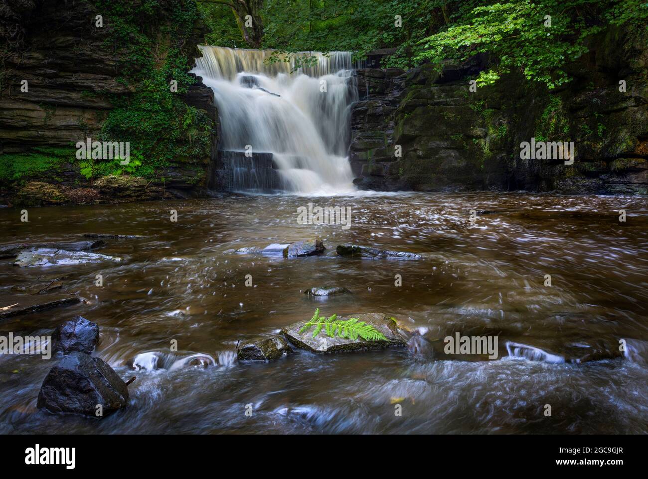 Un homme presque inconnu a fait des cascades industrielles près de l'abbaye de Neath sur la rivière Clydach, Skewen, au sud du pays de Galles, au Royaume-Uni Banque D'Images