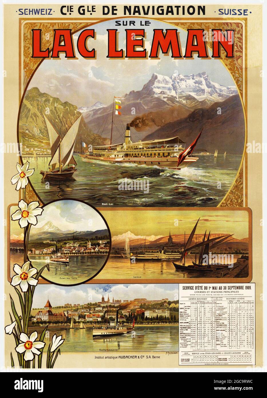 Une affiche de voyage vintage pour le Lac Léman (Lac Léman) en Suisse Banque D'Images