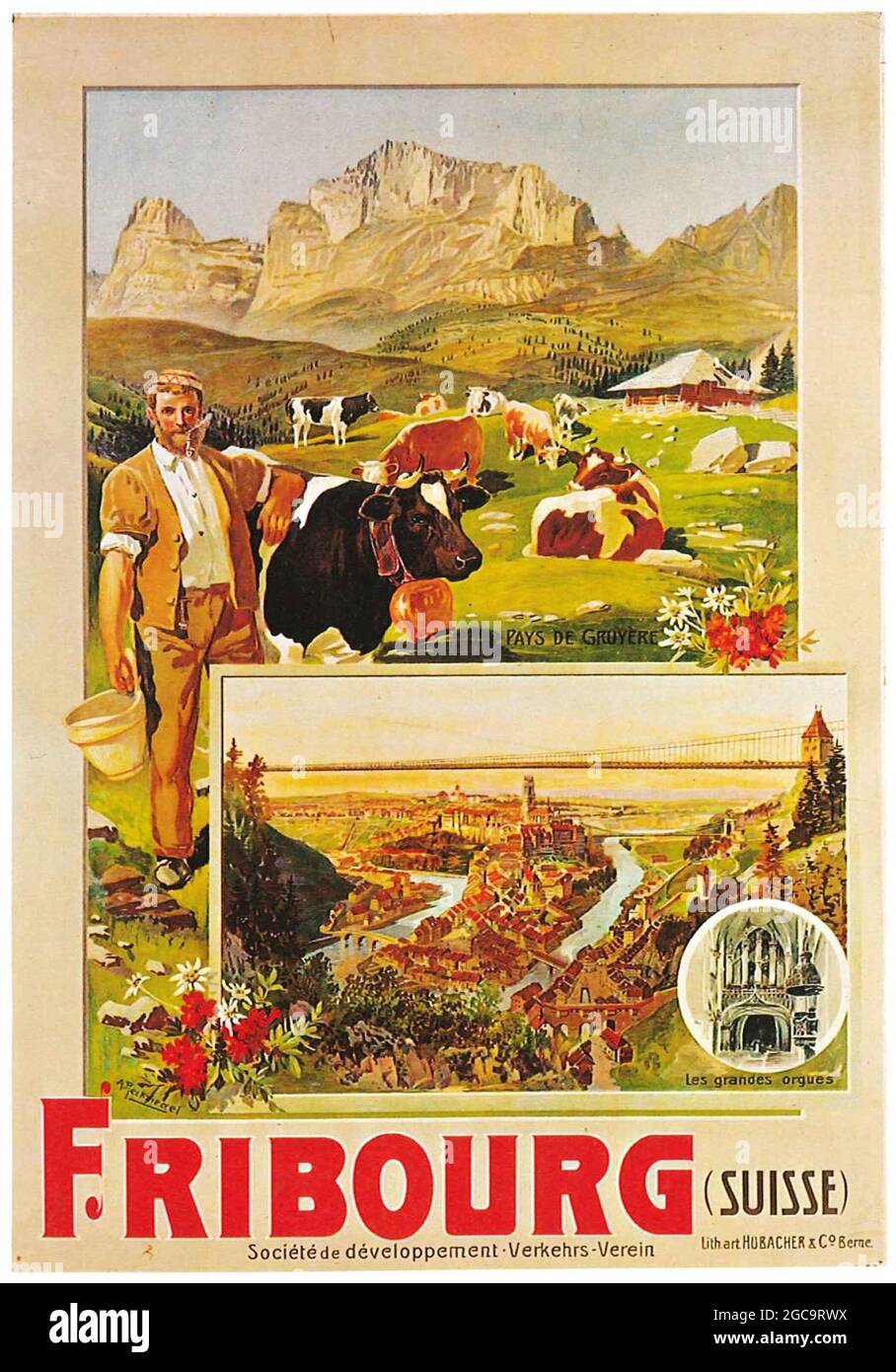 Une affiche de voyage vintage pour Fribourg en Suisse Banque D'Images