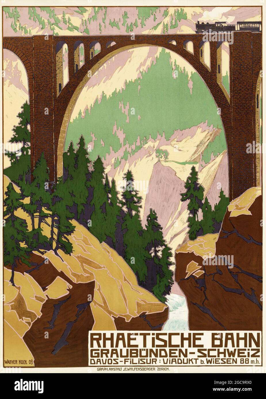 Une affiche de voyage vintage pour le train de banlieue Rhätische (Rhaetian Railway) à Graubünden, en Suisse, montrant le Viaduc de Wiesen Banque D'Images