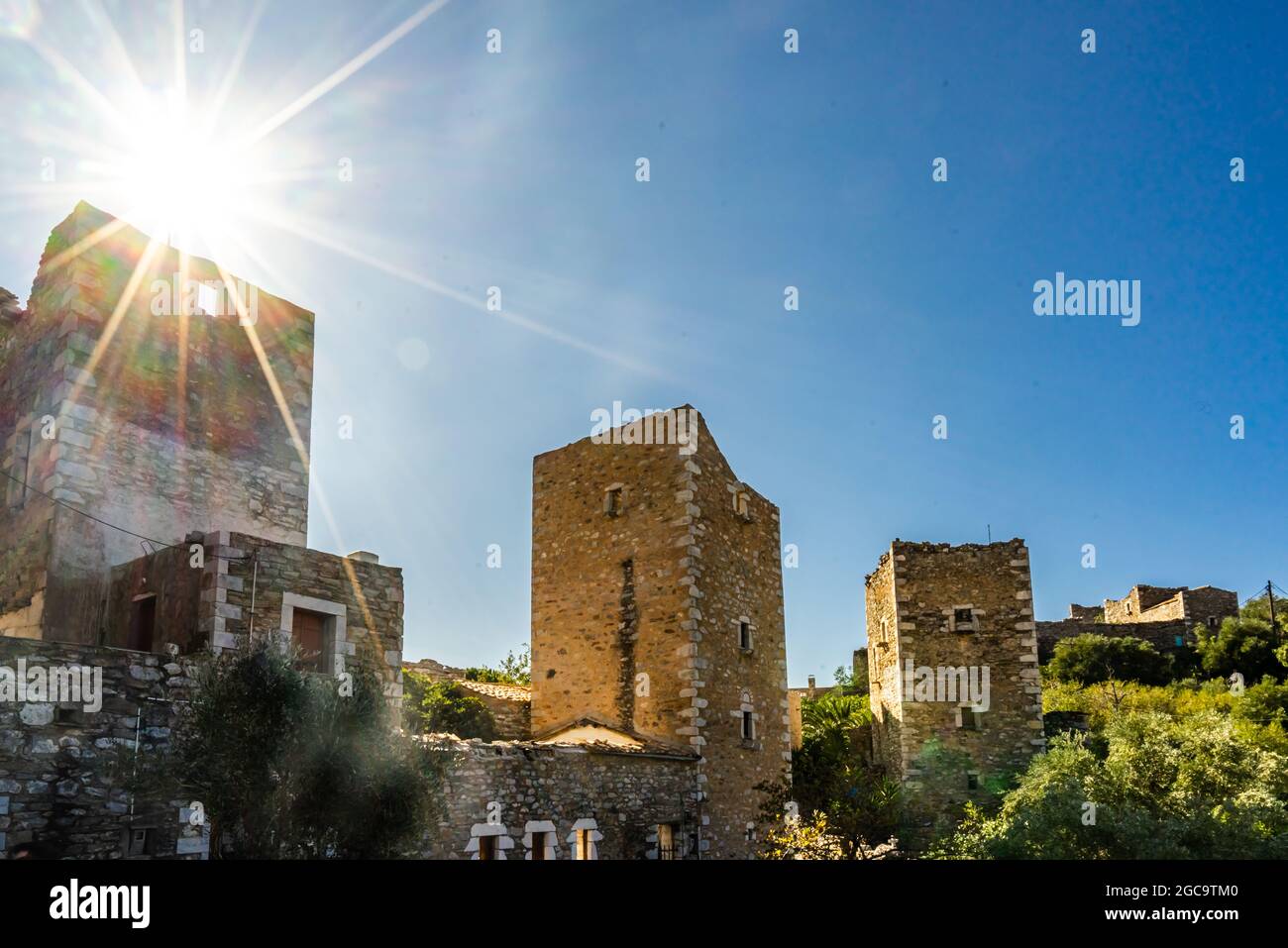 Maisons anciennes dans le village de Vathia sur Mani, Péloponnèse Grèce Banque D'Images