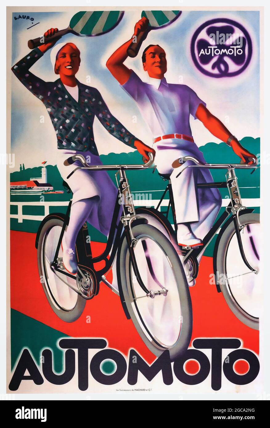 Publicité d'époque - Publicité d'affiche Art déco d'époque la compagnie de vélo française Automoto, Maurice Lauro (artiste) 1928. Banque D'Images