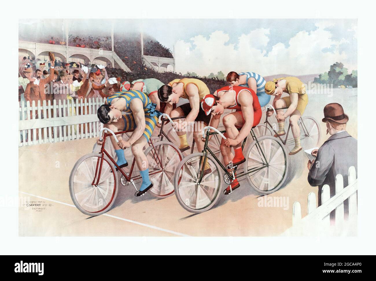Affiche de sport vintage – scène de course cycliste – Detroit, MI – le Calvert Litho. Co., c 1895. Banque D'Images