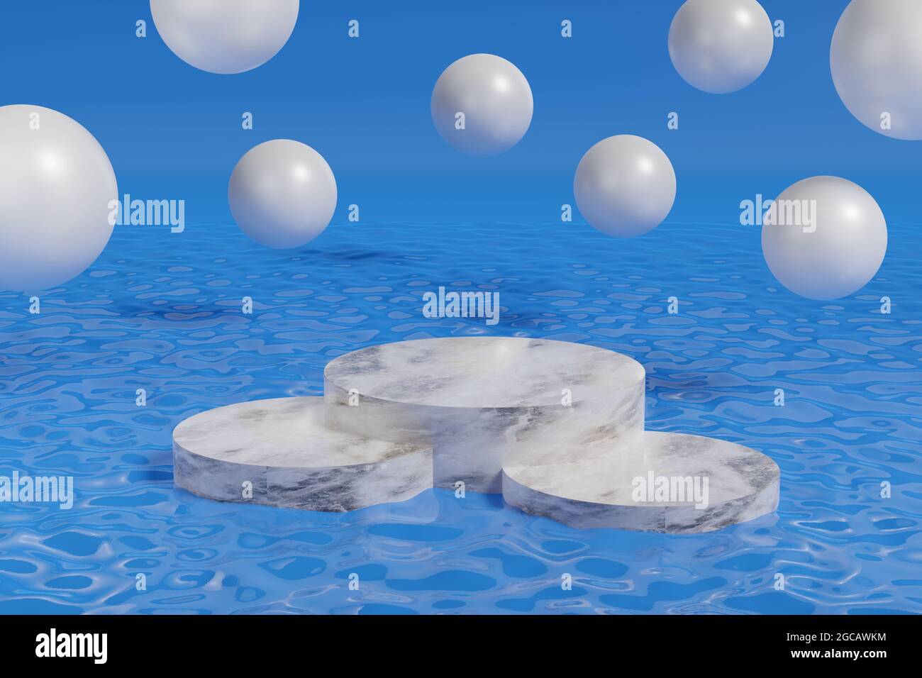 Socle en marbre sur l'eau et sphères flottantes sur fond bleu. illustration 3d. Banque D'Images