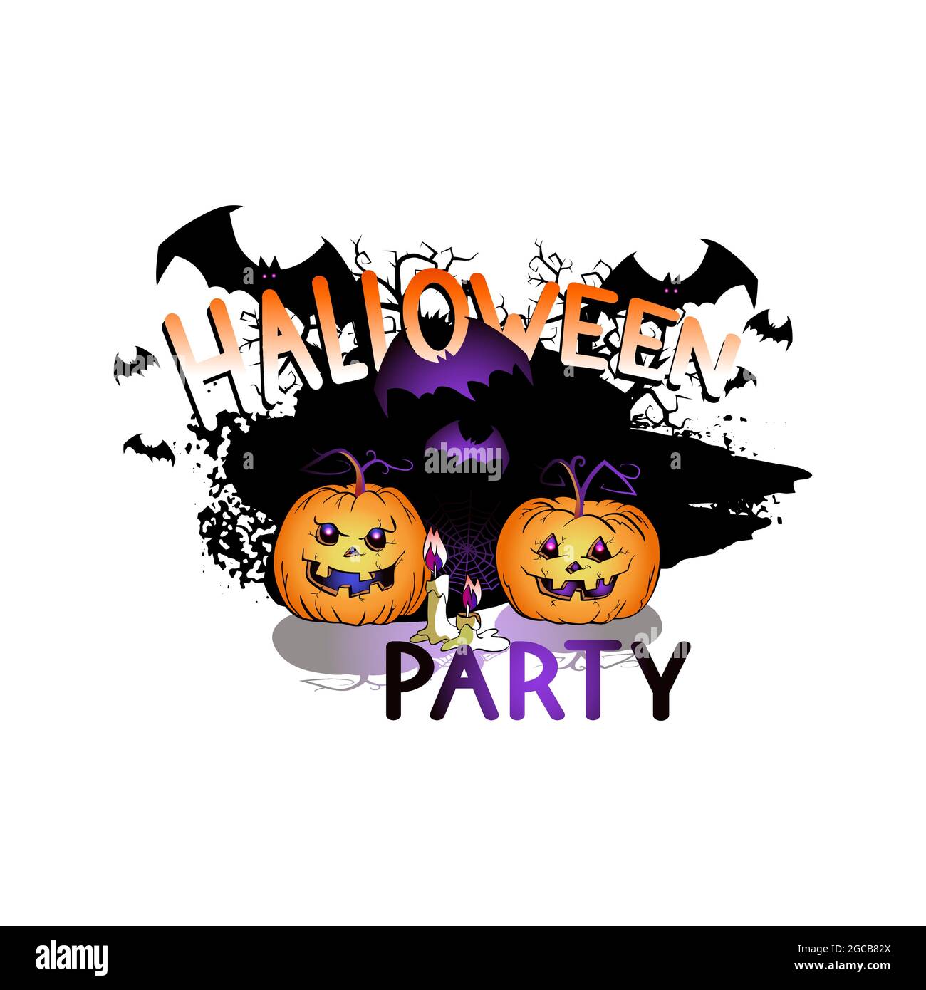 Illustration vectorielle avec citrouilles souriantes, chauves-souris, toile et lettrage Halloween Party sur fond blanc. Style de dessin animé. Illustration de Vecteur