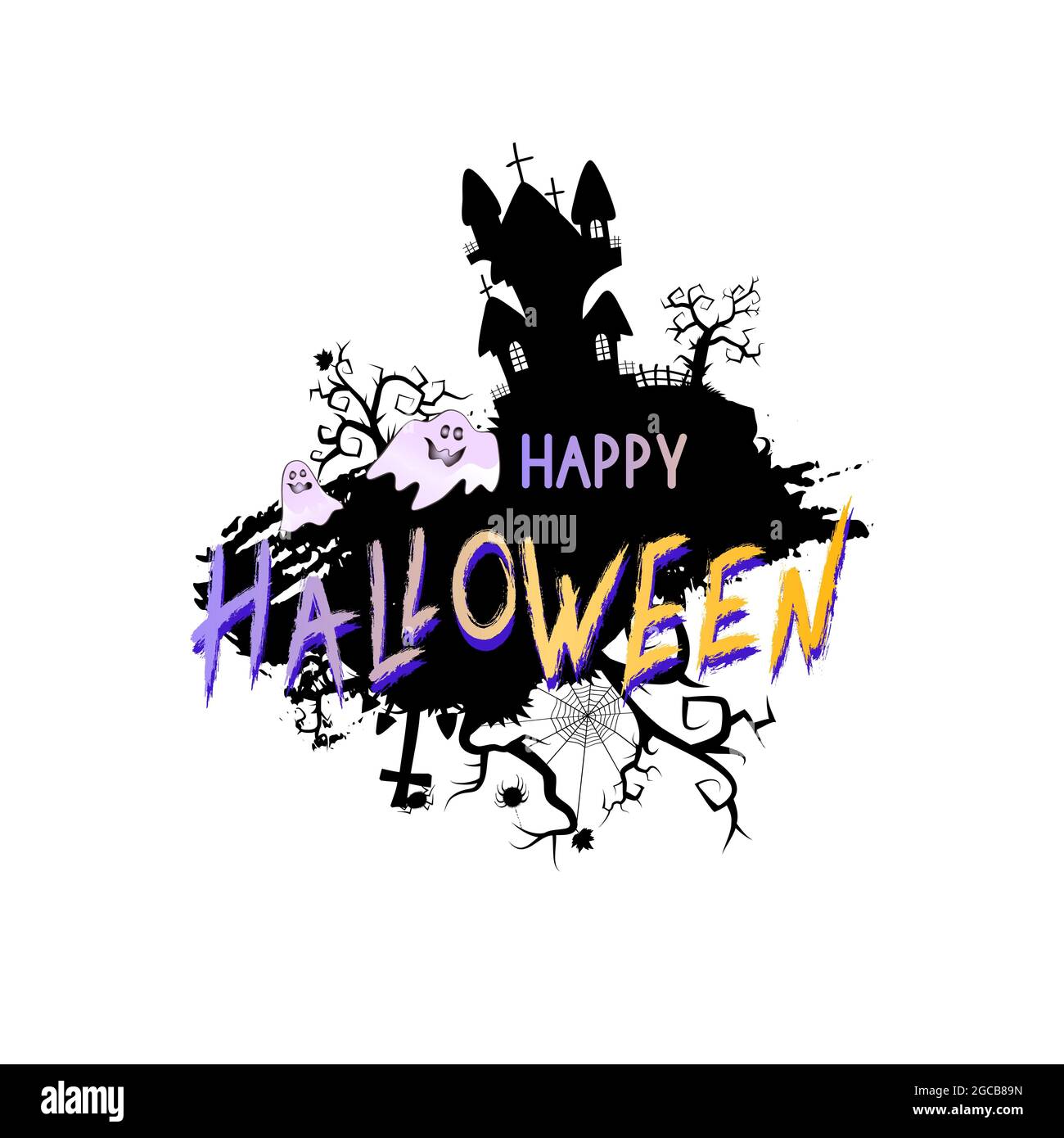 Illustration vectorielle avec château sinistre, fantômes et lettrage Happy Halloween sur fond blanc. Illustration de Vecteur