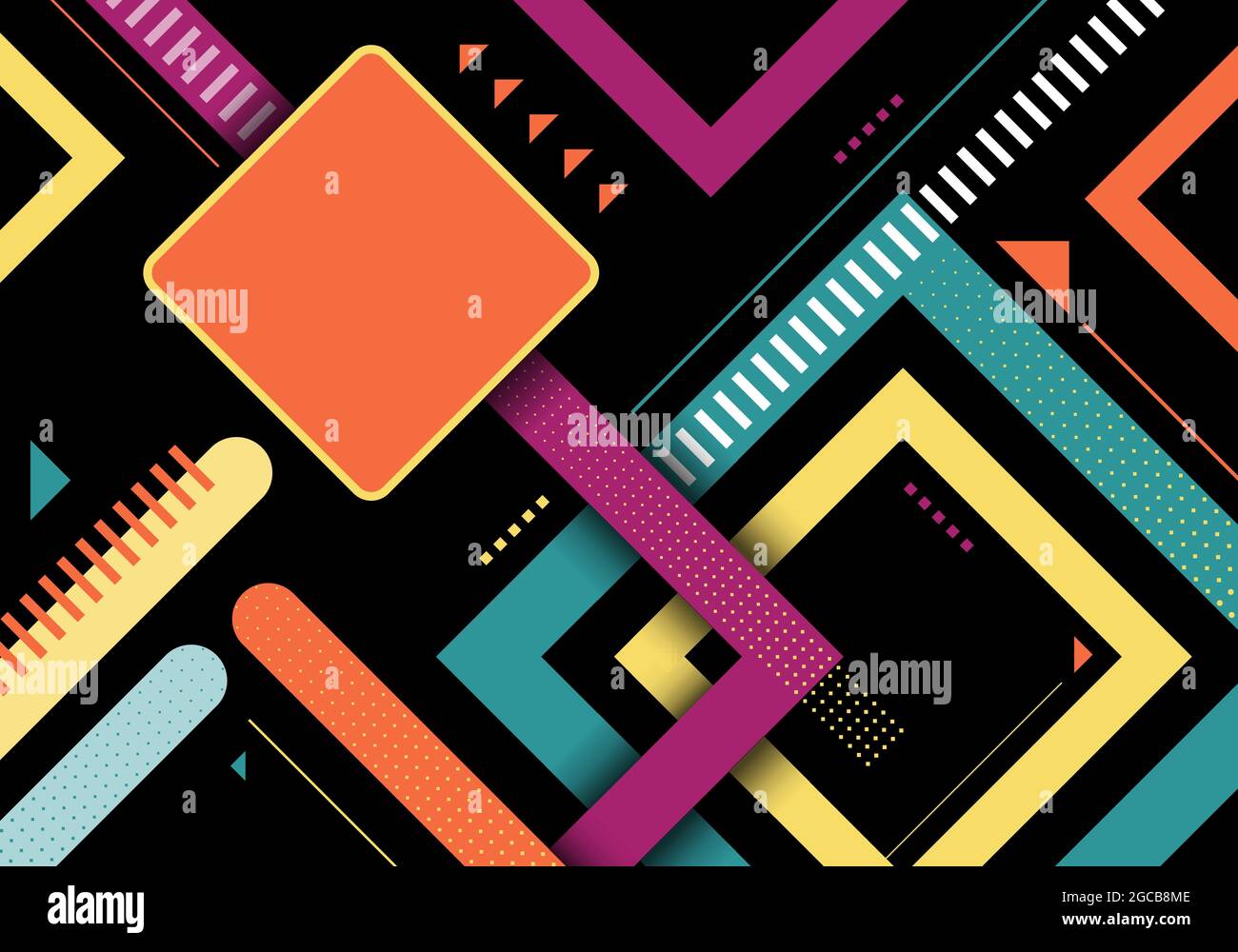 Formes carrées géométriques abstraites colorées rayures motif sur fond noir. Illustration vectorielle Illustration de Vecteur