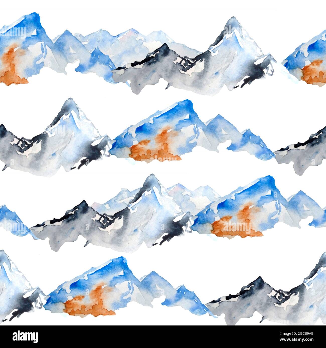 Motif aquarelle sans couture dessiné à la main avec pics de montagne bleus en hiver. Ski activités de plein air concept touristique. Nature paysage froid temps collines Banque D'Images