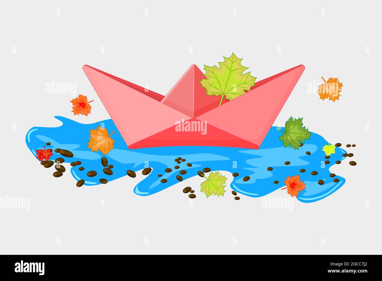 Bateau en papier avec feuilles d'érable dans une flaque isolée sur fond blanc. Concept d'automne. Navire origami. Icône de saison colorée. Illustration du vecteur de stock Illustration de Vecteur