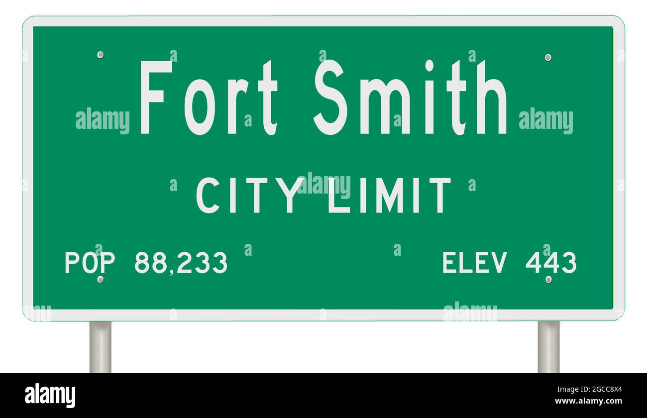 Affichage d'un panneau vert de l'autoroute de l'Arkansas avec des informations sur la ville Banque D'Images