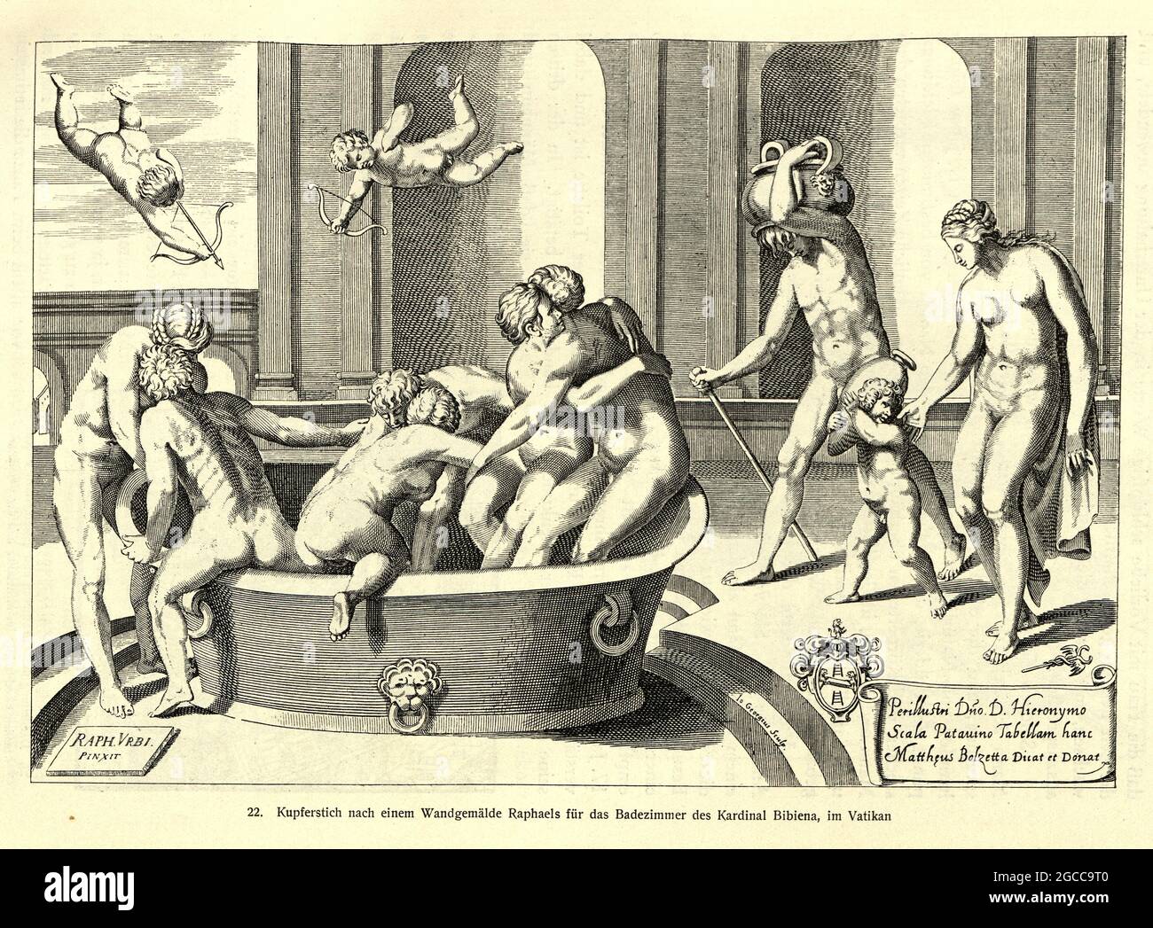 Gravure après une peinture murale de Raphaël pour la salle de bain du Cardinal Bibiena, au Vatican. Hommes et femmes parchemins ensemble XVIe siècle Banque D'Images