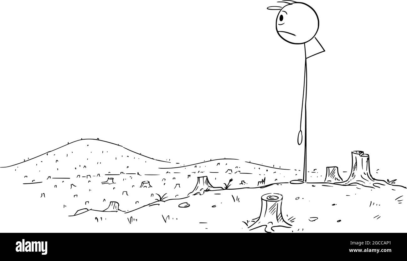 Triste et frustré Homme regardant les souches d'arbre après la forêt coupée, le bâton de dessin vectoriel Illustration Illustration de Vecteur Triste et frustré Homme regardant les souches d'arbre après la forêt coupée, le bâton de dessin vectoriel Illustration Illustration de Vecteur
