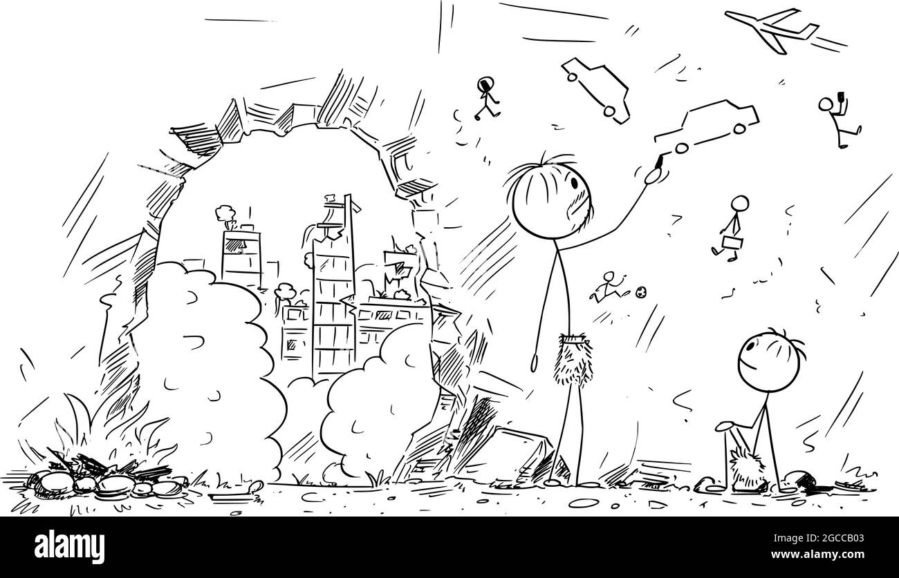 Homme dans la grotte après l'effondrement de la civilisation humaine dessiner des voitures sur le rocher, Vector Cartoon Stick Figure Illustration Illustration de Vecteur