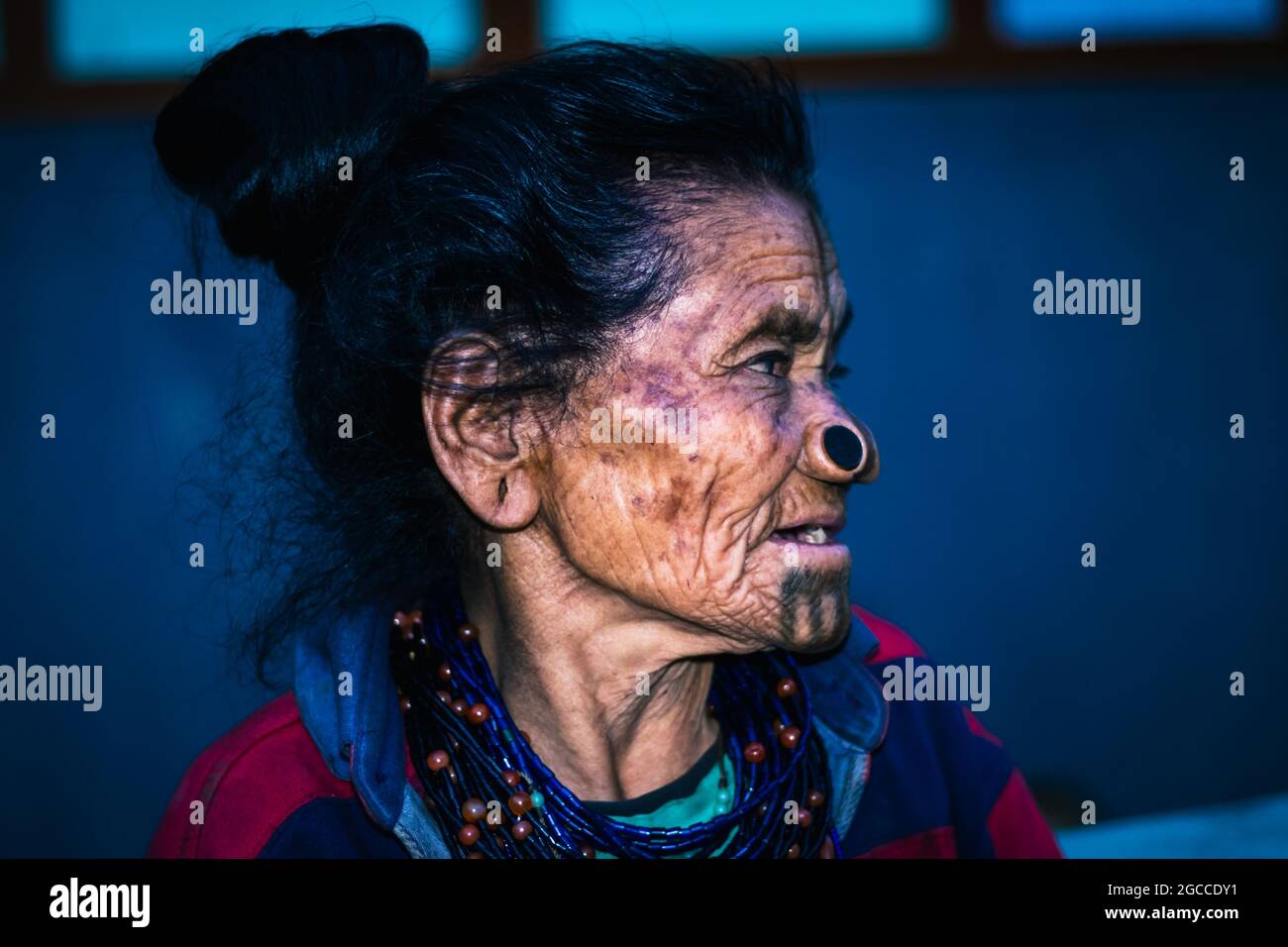 l'expression faciale des femmes tribales d'apatani avec ses lobes de nez traditionnels et son arrière-plan flou est prise à ziro arunachal pradesh inde Banque D'Images