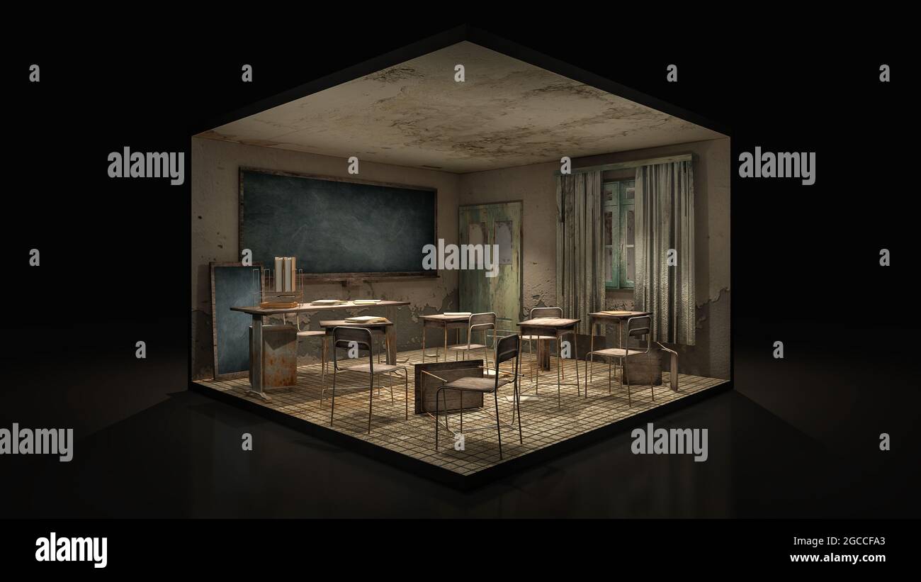 Horreur et créepy salle de classe dans l'école., illustration 3d. Banque D'Images